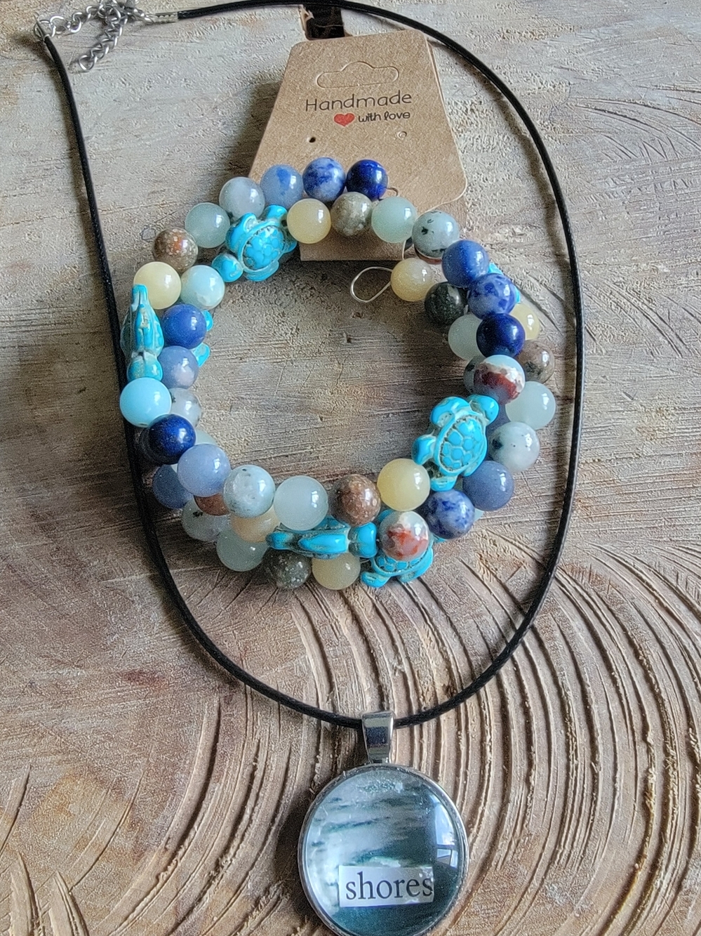 Handcrafted Multi- Stone Beaded Wire Wrap Bracelet and Pendant Necklace